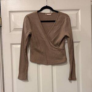 SO Ribbed Tan Wrap Blouse